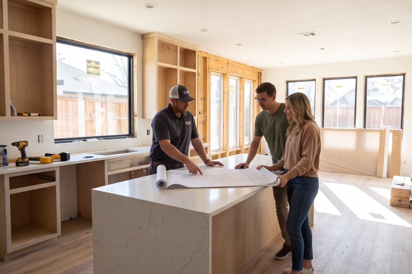 Builder and homeowners reviewing drawings at a kitchen island