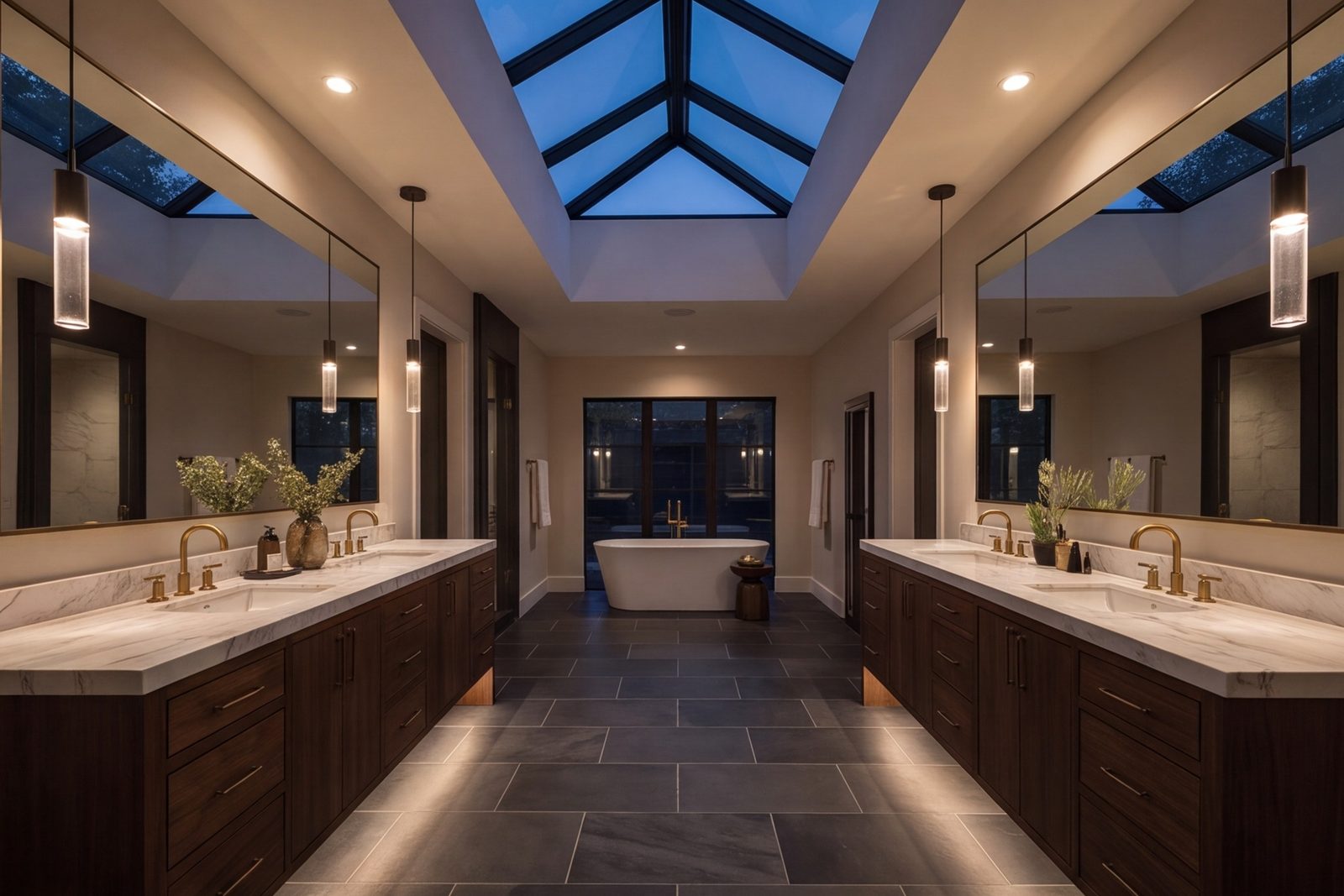 Bathroom with large-format tile, double vanity and skylight in Bluffview