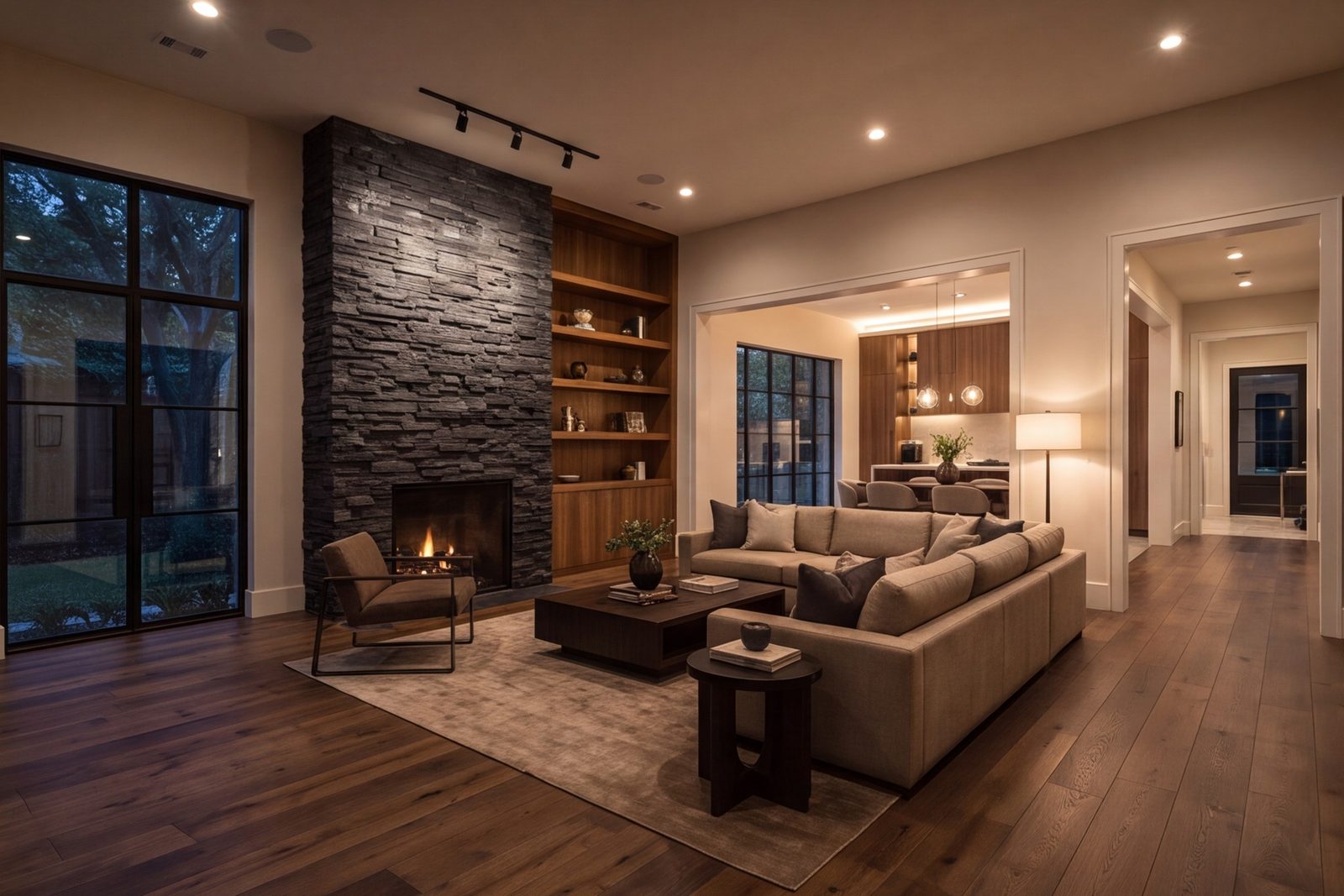 Remodeled living room with fireplace wall and new wood floors in University Park