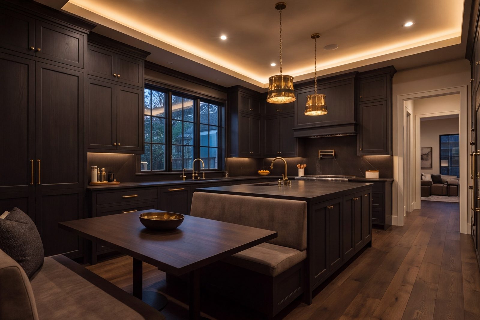 Dark cabinet kitchen with brass fixtures and breakfast nook in Northwest Dallas