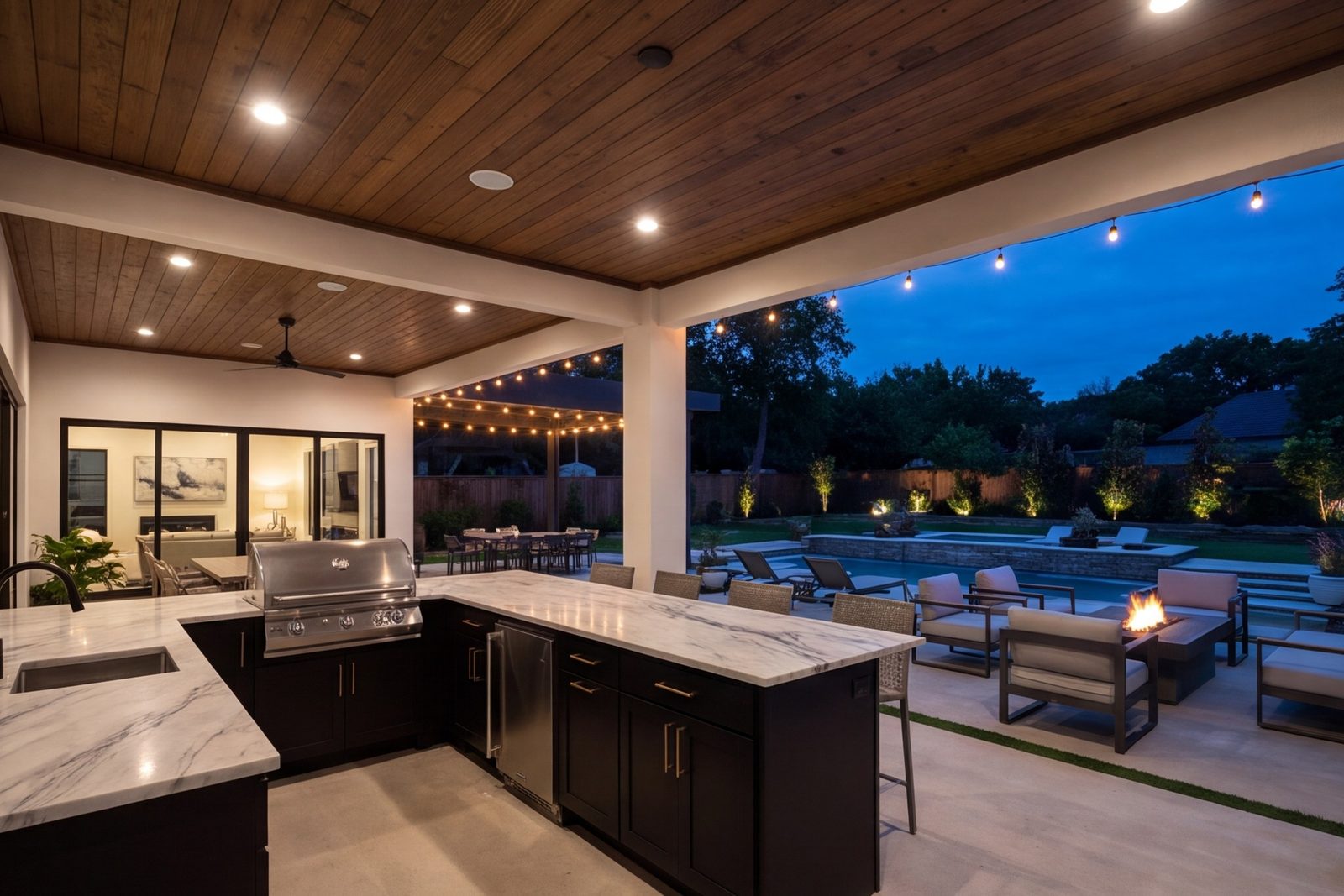 Covered patio with outdoor kitchen and seating in Addison