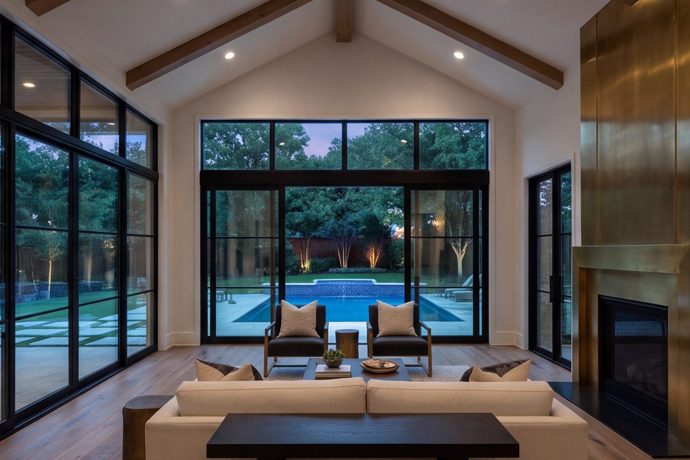 New family room addition with tall windows opening to the back yard