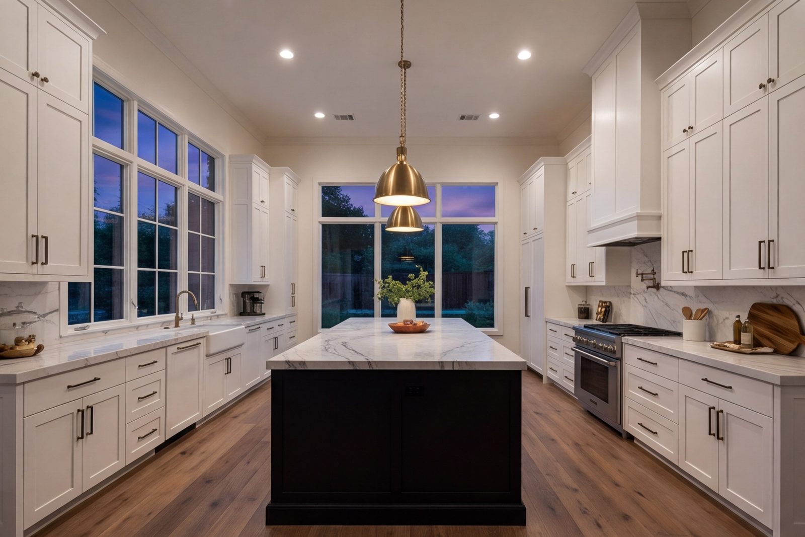 Wide kitchen remodel with island, cabinets to the ceiling and pendant lights